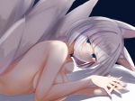  animal_ears azur_lane bangs blue_eyes blunt_bangs breasts eyeliner eyeshadow fingernails fox_ears fox_girl fox_tail from_side kaga_(azur_lane) lips looking_at_viewer lying makeup multiple_tails nude on_bed on_stomach schreibe_shura short_hair smile solo tail white_hair 