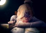  blonde_hair book closed_eyes commentary desk english_commentary freckles hair_bun lamp long_sleeves mechanical_pencil mercy_(overwatch) open_book overwatch overwatch_(logo) pencil short_hair solo sweatband sweater trung_doan watermark white_sweater 
