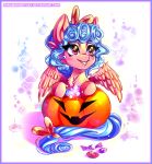  2018 blue_hair candy cozy_glow_(mlp) equine female food friendship_is_magic fruit hair jack-o-lantern mammal minamikoboyasy my_little_pony pegasus pumpkin solo sparkles wings 