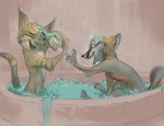  2018 anthro bath bathing bubble canine claws disney duo facial_markings fan_character feline female fox fur_markings inside lynx male mammal markings milesupshur47_(character) monoflax nude open_mouth open_smile raynos_(character) ringtail smile tail_markings toe_claws water wet zootopia 
