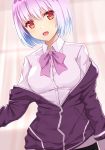  :d black_skirt blurry bow bowtie collared_shirt commentary_request curtains depth_of_field gradient_hair highres jacket lavender_hair looking_at_viewer multicolored_hair open_mouth pleated_skirt purple_jacket red_eyes rko_(a470350510) school_uniform shinjou_akane shirt short_hair skirt smile solo ssss.gridman white_shirt 