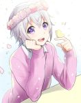  blush bug butterfly dorifesu! flower_wreath head_wreath insect kikuchi_mataha looking_at_viewer male_focus open_mouth pink_sweater purple_eyes purple_hair sawamura_chizuru shirt smile solo sweater 