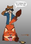  2018 all_fours anal anal_penetration anthro badge butt canine clothed clothing cowardlion dialogue digital_media_(artwork) disney doggystyle duo english_text eyewear flat_colors fox from_behind_position fur guardians_of_the_galaxy handcuffs male male/male mammal marvel nick_wilde nude open_mouth penetration police procyonid raccoon rocket_raccoon sex shackles simple_background speech_bubble sunglasses text tongue zootopia 