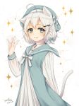  ahoge animal_ears braid cat_ears cat_tail collarbone commentary_request cross_choker dated dress hair_ornament hairclip haruki_(colorful_macaron) hat looking_at_viewer original sailor_dress short_hair signature silver_eyes simple_background single_braid smile solo sparkle tail waving white_background white_hair 