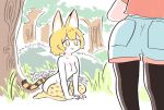  :3 animal_ears black_legwear blonde_hair breasts bush day forest grass gunzan highres kaban_(kemono_friends) kemono_friends looking_at_another multiple_girls nature nude outdoors pantyhose pantyhose_under_shorts print_legwear red_shirt serval_(kemono_friends) serval_ears serval_print serval_tail shirt short_hair shorts sitting small_breasts tail thighhighs tree white_shorts yellow_eyes 