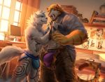  anthro bulge canine clothed clothing collar duo feline inside jockstrap leash male male/male mammal muscular muscular_male open_mouth saber-toothed_cat smile standing takahirosi underwear 