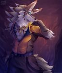  2018 anthro blue_eyes canine clothed clothing fur jewelry male mammal necklace nurinaki pinup pose seth_(tas) solo standing tan_fur tokyo_afterschool_summoners white_fur wolf 