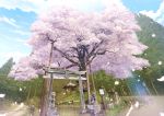  blue_sky branch cherry_blossoms cloud cloudy_sky commentary_request day falling_leaves fence forest grass highres huge_filesize leaf mahiro_(mahiroht) nature no_humans original outdoors path plant road road_sign scenery shrine sign sky stairs statue torii tree wind 
