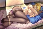  ahoge alternate_costume architecture artoria_pendragon_(all) artoria_pendragon_(lancer) ass bangs black_legwear blush braid closed_mouth commentary east_asian_architecture eyebrows_visible_through_hair fate/grand_order fate_(series) french_braid full_body futon green_eyes gusset hair_between_eyes highres indoors long_hair looking_at_viewer lying on_side open_door panties panties_under_pantyhose pantyhose pillow ribbed_sweater shirokuma_a sidelocks sliding_doors smile solo sunlight sweater swept_bangs tatami thighband_pantyhose turtleneck turtleneck_sweater underwear wooden_floor 