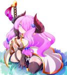  between_breasts black_gloves black_legwear breasts cleavage cobblestone commentary_request draph elbow_gloves gloves granblue_fantasy grass hair_ornament hair_over_one_eye hairclip horns katana kneeling large_breasts long_hair mismatched_legwear narmaya_(granblue_fantasy) oborotsuki_kakeru open_clothes partial_commentary pointy_ears purple_eyes purple_hair sheath sheathed sidelocks single_thighhigh skindentation solo sword thigh_strap thighhighs transparent_background very_long_hair weapon 