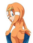  anthro back_boob bandage blue_eyes breasts butt crown echidna eyelashes female fur holding_towel looking_at_viewer looking_back mammal monotreme nude orange_fur rear_view simple_background smile solo sonic_(series) the_chaos_creatures tiara tikal_the_echidna towel white_background 