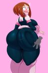  1girl ass blush blush_stickers bodysuit boku_no_hero_academia breasts brown_eyes brown_hair curvy eric_lowery from_behind huge_ass large_breasts open_mouth pink_background short_hair sidelocks simple_background solo standing thick_thighs thighs uraraka_ochako 
