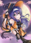  akina_(akn_646) bare_shoulders belt blue_hair breasts detached_sleeves fingerless_gloves fire_emblem fire_emblem:_souen_no_kiseki gloves green_eyes hairband halloween hat headband long_hair moon purple_hair sky smile solo thighhighs wayu_(fire_emblem) white_hairband witch witch_hat 