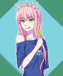  absurdres blue_shirt candy collarbone crown fate/grand_order fate_(series) food hand_up highres holding holding_lollipop lipstick lollipop long_hair looking_at_viewer makeup medb_(fate)_(all) medb_(fate/grand_order) off_shoulder pink_hair print_shirt qwo0474 shirt sidelocks simple_background solo tongue tongue_out upper_body yellow_eyes 
