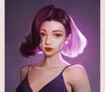  collarbone commentary dress lips lipstick looking_at_viewer makeup nose original pearl_earrings pillarboxed purple_background purple_dress purple_hair red_eyes red_lipstick roogi_tz sleeveless sleeveless_dress solo upper_body white_earrings 