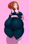  1girl ass blush_stickers bodysuit boku_no_hero_academia breasts brown_eyes brown_hair curvy eric_lowery from_behind huge_ass large_breasts looking_at_viewer open_mouth pink_background short_hair sidelocks simple_background solo standing thick_thighs thighs uraraka_ochako 