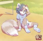  5_fingers alexz_(artist) anthro balls blue_fur blue_hair blush bottomless canine child circumcised clothed clothing cub facial_piercing flaccid fur grey_fur hair humanoid_penis legwear male mammal nose_piercing open_mouth penis piercing shirt socks solo t-shirt tinto_(artist) white_fur wolf young 