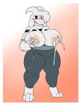  2018 anthro areola asriel_dreemurr_(god_form) big_breasts black_sclera blush boss_monster breast_grab breasts caprine clothed clothing crossgender embarrassed fem_asriel female fur goat hand_on_breast horn huge_breasts lactating legwear long_ears mammal milk mostly_nude nipples open_mouth pants robertge simple_background solo thick_thighs topless undertale video_games voluptuous white_fur wide_hips yoga_pants 