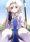  blonde_hair blue_eyes blush boots breasts dress eyebrows_visible_through_hair goblin_slayer! hat highres long_hair looking_at_viewer murata_ryou open_mouth priestess_(goblin_slayer!) small_breasts smile solo thigh_boots thighhighs very_long_hair 