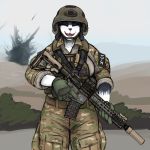  2018 armor assault_rifle camo canine clothed clothing cute_fangs dog explosion eyes_closed female gloves gun helmet hladilnik mammal military open_mouth ranged_weapon rifle samantha_thott scope silencer smile solo trigger_discipline uniform weapon 