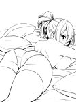  ass bed_sheet breasts commentary english_commentary frilled_panties frills hair_between_eyes high_contrast inktober large_breasts looking_back lying monochrome monorus on_stomach original panties pillow pointy_ears ponytail shoulder_blades sideboob simple_background solo thighhighs topless underwear 