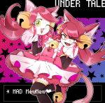  1girl animal_ears bells cat_ears disembodied_head dual_persona fang gloves green_eyes mad_mew_mew magical_girl pink_hair pink_shoes staff undertale white_gloves 