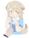  animal_ears bangs blue_dress blush brown_eyes commentary dog_ears dog_girl dog_tail dress eyebrows_visible_through_hair flying_sweatdrops fur furrification furry hair_between_eyes hands_up idolmaster idolmaster_cinderella_girls light_brown_hair long_hair morikubo_nono out_of_frame parted_lips paws puffy_short_sleeves puffy_sleeves ringlets short_sleeves simple_background solo_focus sweat tail upper_body ushi white_background 