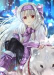  ainu_clothes animal bangs bear black_legwear blurry blurry_background blush bow commentary_request depth_of_field eyebrows_visible_through_hair fate/grand_order fate_(series) fingerless_gloves fingernails fur-trimmed_boots fur_trim gloves glowing grey_hair hair_between_eyes hair_bow hairband hand_up highres illyasviel_von_einzbern iroha_(shiki) long_hair long_sleeves looking_at_viewer pantyhose parted_lips purple_bow purple_footwear purple_gloves purple_hairband red_eyes shirou_(fate/grand_order) sitonai sitting smile snowflakes solo very_long_hair 