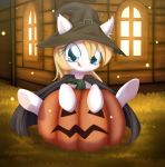  aryanne aryanne_(character) blonde_hair blue_eyes cape clothing equine fan_character food fruit fur grass hair hat mammal my_little_pony pumpkin scarf white_fur window 