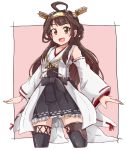 :d black_skirt boots brown_eyes brown_hair brown_legwear collarbone commentary_request detached_sleeves double_bun hairband headgear highres japanese_clothes kantai_collection kongou_(kantai_collection) long_hair looking_at_viewer nontraditional_miko open_mouth pink_background remodel_(kantai_collection) ribbon-trimmed_sleeves ribbon_trim roku_kyuu skirt smile solo standing thigh_boots thighhighs two-tone_background white_background wide_sleeves 