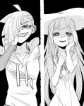  1girl amagaeru_(amapippi052525) black_background braid brother_and_sister dress gladio_(pokemon) greyscale grin hair_over_one_eye hand_on_own_face hat highres lillie_(pokemon) long_hair long_sleeves monochrome parted_lips pokemon pokemon_(game) pokemon_sm short_hair siblings simple_background sleeveless sleeveless_dress smile sun_hat twin_braids upper_body 