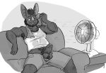  anthro artbyyellowdog balls bat blep body_hair chest_hair clothing erection foreskin happy_trail humanoid_penis male mammal monochrome nipples penis pubes shirt shorts sitting slightly_chubby solo sweat tank_top tongue tongue_out towel uncut 