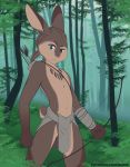  2018 5_fingers absurd_res anthro arrow athletic blue_eyes bow_(weapon) brown_fur clothing detailed_background forest fur hi_res holding_object holding_weapon jewelry lagomorph loincloth male mammal necklace ponytail rabbit ranged_weapon shiuk small_tail solo standing tree tribal url weapon 