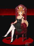  artist_name bangs bare_shoulders black_dress blue_eyes bowsette bracelet breasts brooch chair character_name cleavage collarbone commentary_request covered_nipples crossed_legs crown dated dress eyebrows_visible_through_hair fang finger_to_mouth fingernails full_body high_heels highres horns jewelry large_breasts long_fingernails looking_at_viewer madao_desu mario_(series) nail_polish new_super_mario_bros._u_deluxe pantyhose pointy_ears ponytail shadow sidelocks sitting sleeveless sleeveless_dress smile solo spiked_armlet spiked_bracelet spiked_tail spikes super_crown tail white_legwear 