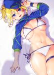  :d artoria_pendragon_(all) bangs baseball_cap bed_sheet bikini blonde_hair blue_background blue_eyes blue_hat blush breast_squeeze breasts commentary_request eyebrows_visible_through_hair fate/grand_order fate_(series) from_above groin hair_between_eyes hand_on_headwear hat highres large_breasts long_hair long_sleeves looking_at_viewer lying mysterious_heroine_xx_(foreigner) navel on_back onsoku_maru open_mouth ponytail round_teeth shiny shiny_skin shrug_(clothing) side-tie_bikini skindentation smile solo stomach string_bikini sweatband swimsuit teeth thigh_strap toned underboob upper_teeth white_bikini zipper zipper_pull_tab 