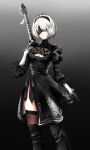  1girl android black_clothes black_gloves black_legwear black_skirt boots breasts feather-trimmed_sleeves gloves juliet_sleeves katana long_sleeves nier_(series) nier_automata puffy_sleeves short_hair skirt sword thigh_boots thighhighs thighhighs_under_boots weapon yorha_no._2_type_b 