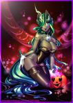  &lt;3 &lt;3_eyes 2018 anthro anthrofied breasts changeling choker cleavage clothed clothing collar female food friendship_is_magic fruit gem gloves green_eyes green_hair hair jewelry kneeling legwear leotard long_hair minamikoboyasy my_little_pony pumpkin queen_chrysalis_(mlp) solo stockings 