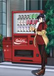  absurdres black_hair black_legwear blush boots can coca-cola commentary_request dress gen_uma_mai highres jacket komi-san_wa_komyushou_desu komi_shouko long_hair looking_to_the_side notebook off_shoulder pantyhose ribbed_sweater scenery sidewalk soda_bottle soda_can solo sweater sweater_dress trash_can tree turtleneck turtleneck_sweater vending_machine 