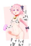  1boy :d animal_print astolfo_(fate) bell bikini braid cow_bell cow_print elbow_gloves erection fang fate/grand_order fate_(series) gloves large_penis one_eye_closed open_mouth penis pink_hair precum purple_eyes smile solo swimsuit testicles thighhighs trap uncensored 