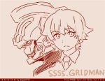  1boy bangs brown collared_shirt gridman_(ssss) hibiki_yuuta male_focus monochrome necktie red_neckwear school_uniform shirt short_hair short_sleeves solo ssss.gridman waistcoat wing_collar 