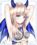  1girl :/ armor arms_behind_head arms_up bangs bikini_armor blonde_hair blue_border blue_wings blunt_bangs blush border breasts closed_mouth commentary_request dated demon_girl demon_horns demon_wings fishnets green_eyes highres horns long_hair looking_at_viewer misaki_(pixiv30645085) original simple_background small_breasts solo upper_teeth white_background wings 