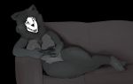  2018 big_breasts black_background black_fur black_hair breasts canine controller doctordj female fur game_controller hair lying mal0 mammal nipples nude on_side pussy scp-1471 scp_foundation simple_background skull sofa solo 