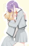  blonde_hair blush body_blush closed_eyes crying daiba_nana glasses hand_on_another's_head hoshimi_junna hug long_hair low_ponytail multiple_girls mutual_hug neck_ribbon plaid plaid_skirt purple_hair ribbon sakuraba_yuuki school_uniform seishou_music_academy_uniform short_hair shoujo_kageki_revue_starlight skirt smile tears twintails yuri 