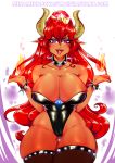  2018 animal_humanoid big_breasts bowser bowsette_meme bracelet breasts cleavage clothed clothing collar crown fangs female fire hair horn humanoid jewelry legwear leotard long_hair mario_bros minamikoboyasy nintendo purple_eyes red_hair rubber solo spiked_bracelet spiked_collar spikes stockings super_crown tongue tongue_out video_games 