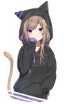  animal_ears animal_hood bangs black_hoodie blush brown_hair cat_ears cat_girl cat_hood cat_tail closed_mouth commentary drawstring eyebrows_visible_through_hair hand_in_pocket hand_up head_tilt highres hood hood_up hoodie long_hair long_sleeves mafuyu_(chibi21) multicolored_hair original purple_eyes purple_hair simple_background sleeves_past_wrists smile solo streaked_hair symbol_commentary tail tail_raised upper_body white_background 