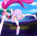  aino_megumi bike_shorts blue_sky boots cloud cure_lovely day eye_beam full_body hair_ornament happinesscharge_precure! haruyama_kazunori heart heart_hair_ornament long_hair open_mouth pink_hair pink_skirt ponytail precure skirt sky thigh_boots thighhighs very_long_hair white_footwear white_legwear wings 