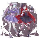  black_dress black_hair black_legwear blue_eyes cape cloak commentary dress earrings flying_sweatdrops gradient_hair high_heels highres hood hooded_cloak iesupa jewelry long_hair multicolored_hair multiple_girls outstretched_arms ponytail red_cape red_hair ruby_rose rwby scar scar_across_eye short_hair side_ponytail silver_eyes thighhighs tiara two-tone_hair weiss_schnee white_hair zombie zombie_pose 