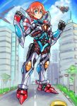  1boy bangs blue_eyes blue_sky bodysuit breastplate cloud cosplay curtains full_body gridman_(ssss) gridman_(ssss)_(cosplay) hibiki_yuuta highres looking_at_viewer male_focus open_mouth outside_border red_hair short_hair sky smile solo ssss.gridman 