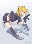  :q ass bent_over black_gloves black_panties blonde_hair blue_eyes butt_crack closed_mouth commentary cropped_jacket cross-laced_footwear dual_wielding eyebrows_visible_through_hair eyepatch from_side full_body girls_frontline gloves gradient gradient_background gun highleg highleg_panties highres holding holding_gun holding_weapon jacket kneehighs leg_up long_hair looking_at_viewer manme midriff mismatched_legwear panties partly_fingerless_gloves shadow shoes short_shorts short_sleeves shorts side-tie_panties simple_background skorpion_vz._61 smile sneakers solo standing standing_on_one_leg submachine_gun thighhighs tongue tongue_out trigger_discipline twintails twitter_username underwear untied_shoes vz.61_(girls_frontline) weapon 