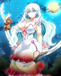  artemis_(fate/grand_order) ass bare_shoulders blue_eyes breasts cleavage collarbone commentary_request dress fate/grand_order fate_(series) full_moon highres jewelry large_breasts long_hair looking_at_viewer moon necklace night open_mouth orion_(fate/grand_order) outdoors sitting stuffed_animal stuffed_toy teddy_bear white_hair yoroi_kabuto 